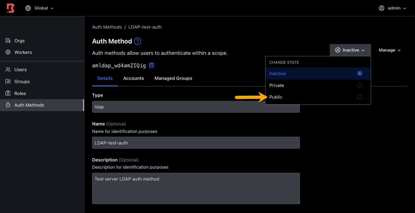 Admin Console change auth method state