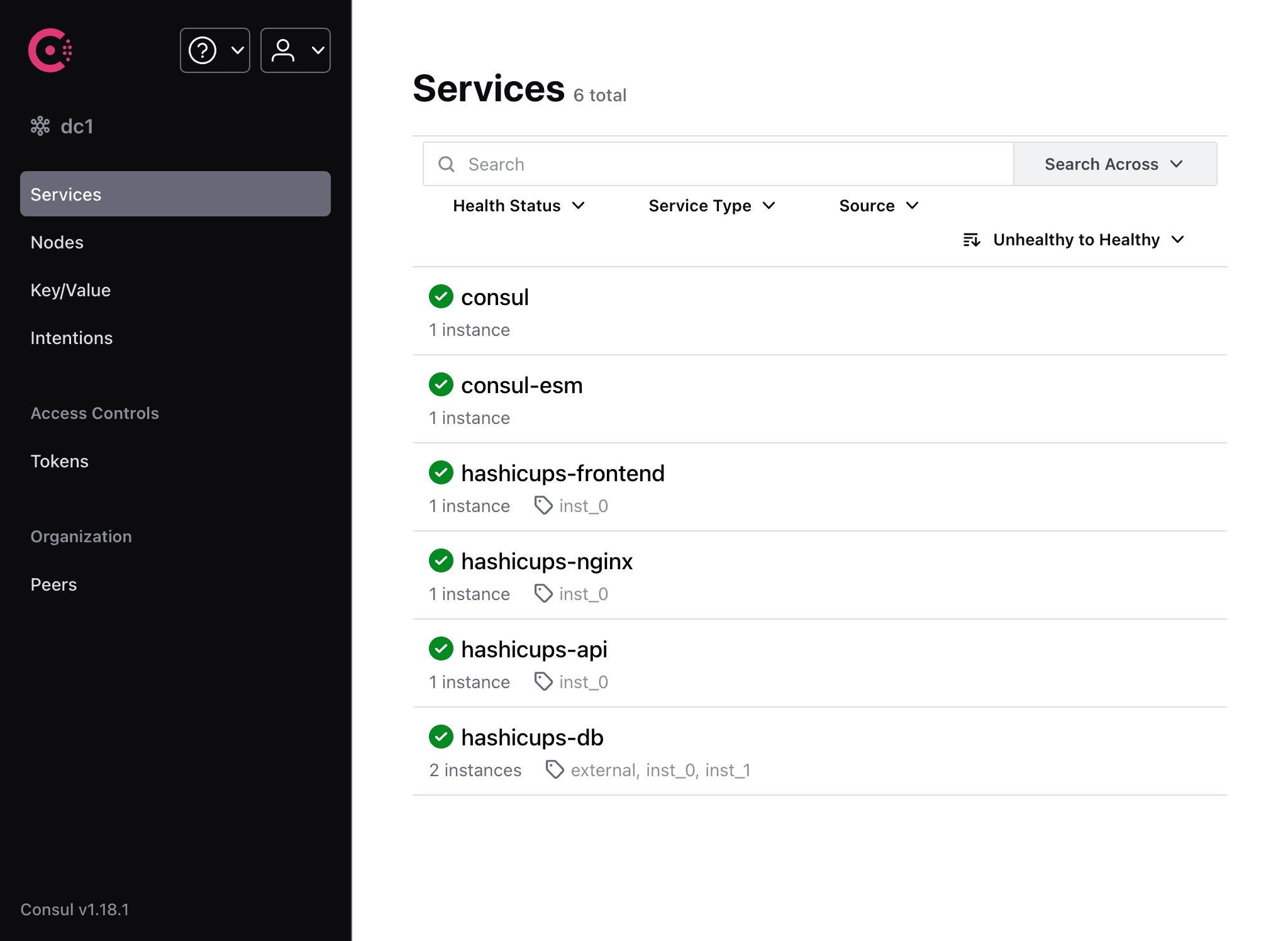 Services page - Multiple DB instances - Both healthy