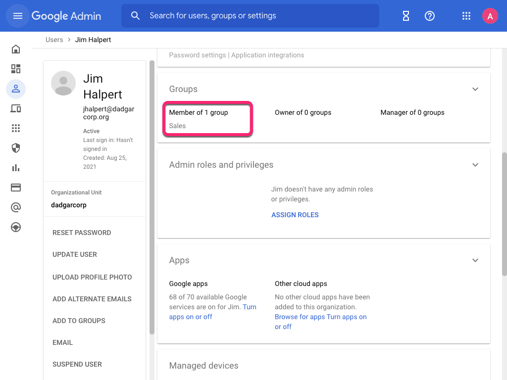 Google Workspace role assignment for Michael Scott