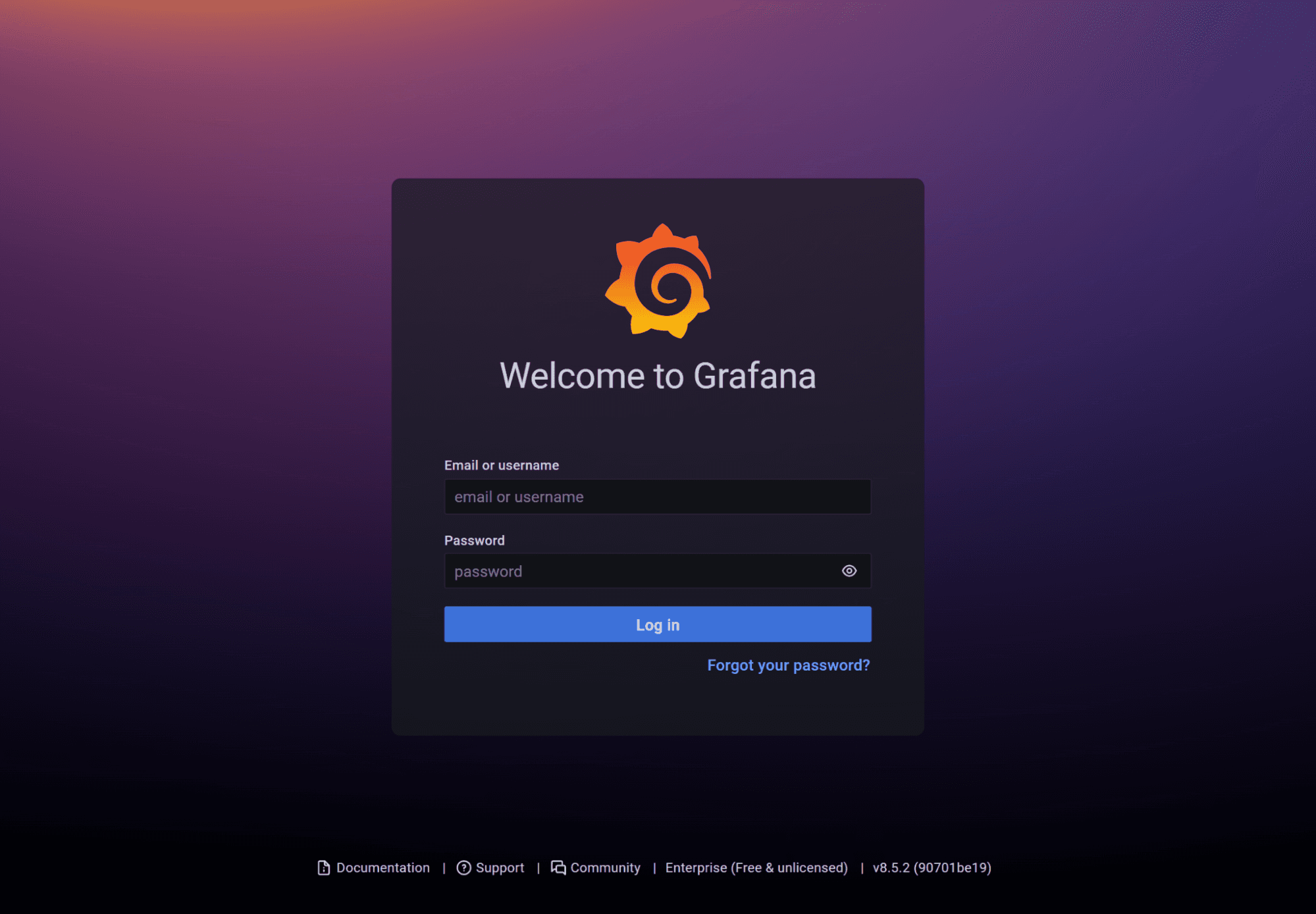 The Grafana login page showing no username or password